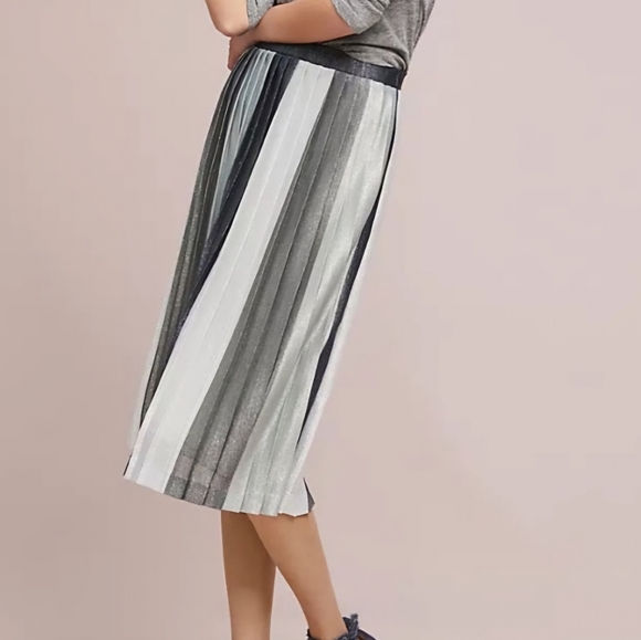 Maeve by Anthropologie Pleated Metallic Silver Shimmer Grays Midi Skirt - Picture 9 of 9